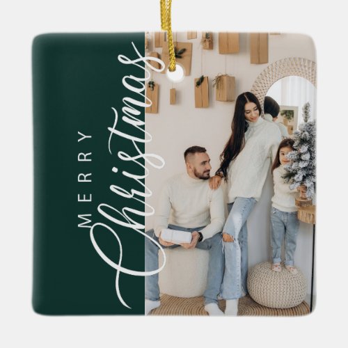 Forest Green Merry Christmas Photo Ceramic Ornament