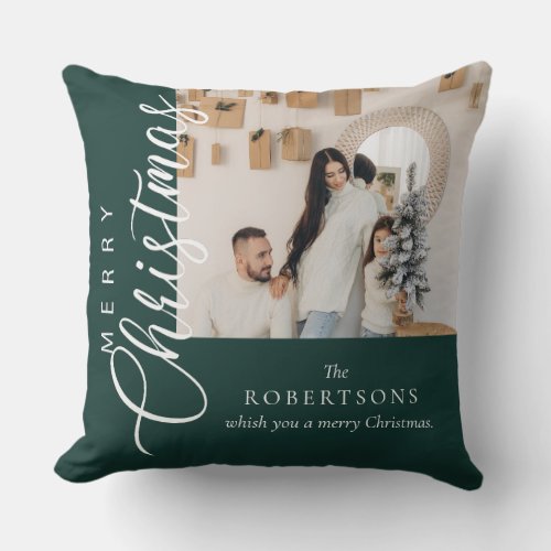Forest Green Merry Christmas Photo Throw Pillow