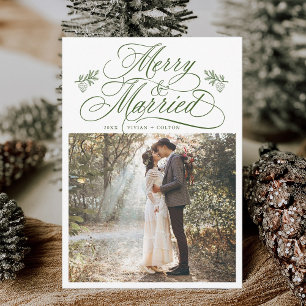 Forest Green Merry & Married First Christmas Photo Holiday Card