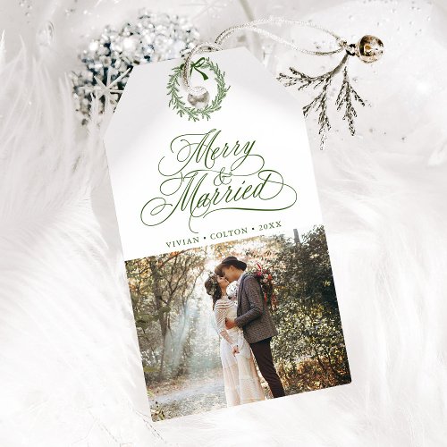 Forest Green Merry  Married Newly Weds Photo Gift Tags