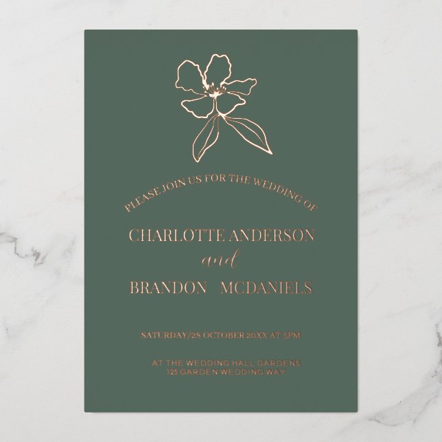 Forest Green Minimal Floral Wedding  Invitation Foil Invitation (Front)