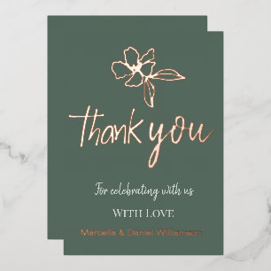 Forest Green Minimal Floral Wedding Thank You Foil Invitation