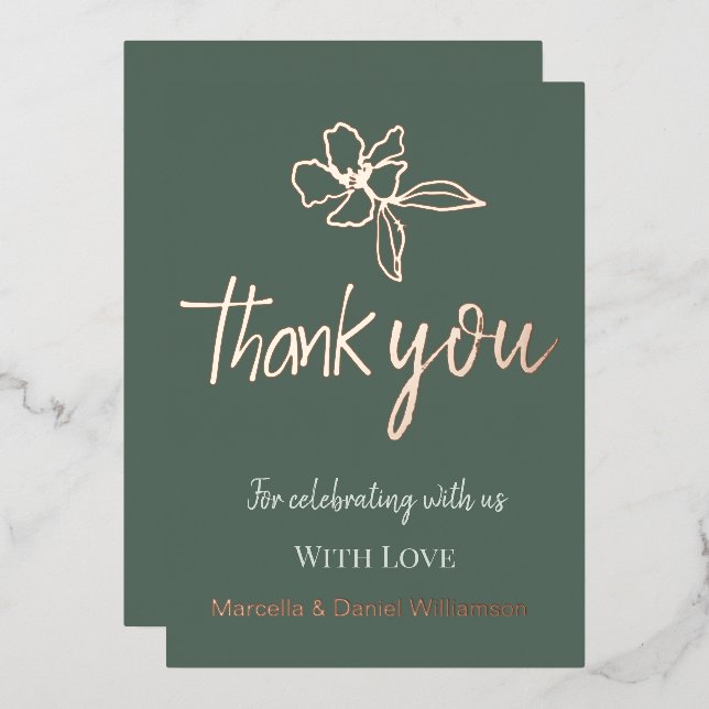 Forest Green Minimal Floral Wedding Thank You Foil Invitation (Front/Back)