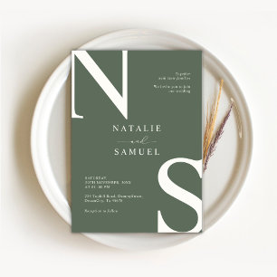 Forest Green Minimalist Elegant Bold Initial Weddi Invitation