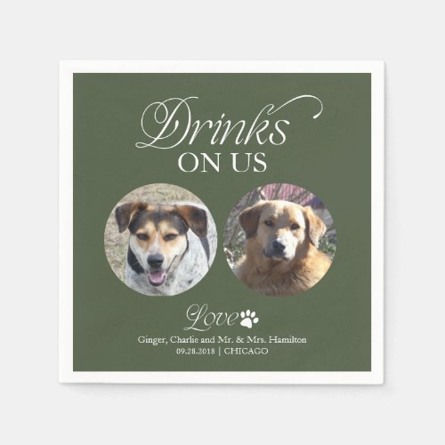 Forest Green Minimalist Pet Photo Wedding Napkins