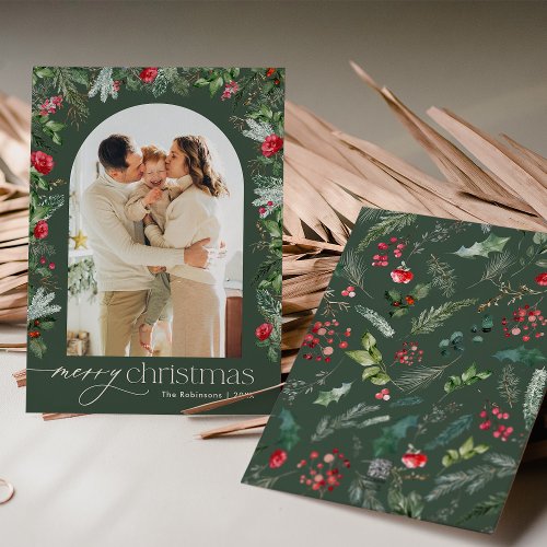 Forest Green Modern Arch 1 Photo Merry Christmas Holiday Card