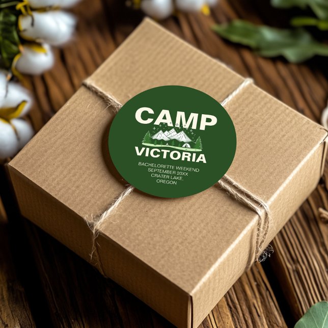 Forest Green Modern Camping Bachelorette Party Classic Round Sticker (Creator Uploaded)