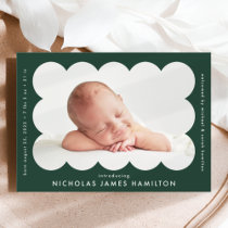 Forest Green Modern Scalloped Photo Frame Birth Announcement