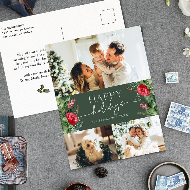 Forest Green Modern Script Photo Holiday Postcard (Creator Uploaded)