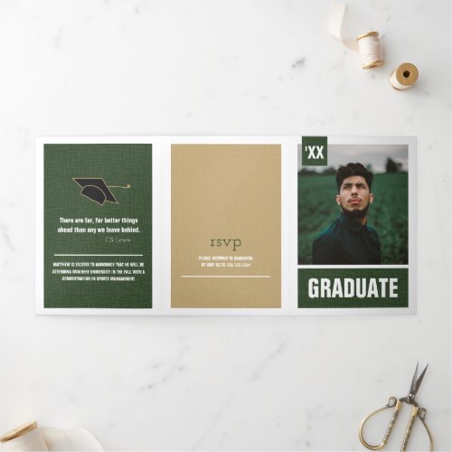 Forest Green Modern Textured Photo Graduation Tri_Fold Invitation