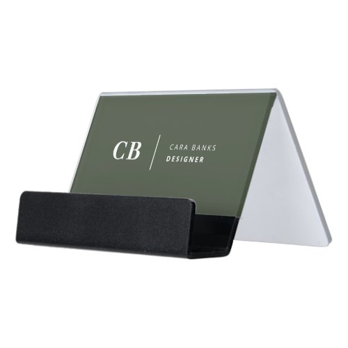 Forest Green Monogram Stylish Trendy Modern Desk Business Card Holder
