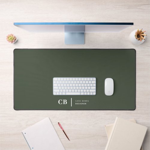 Forest Green Monogram Stylish Trendy Modern Desk Mat