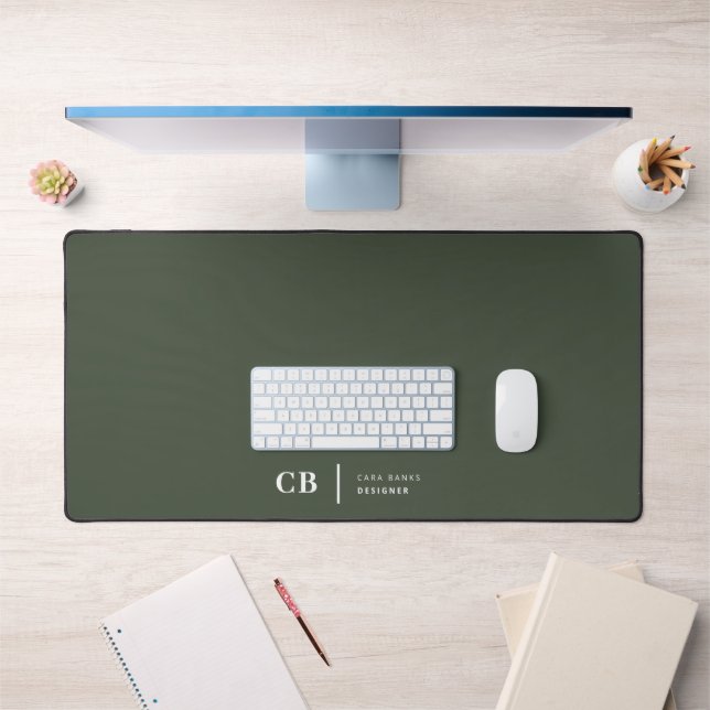Forest Green Monogram Stylish Trendy Modern Desk Mat (Office 1)
