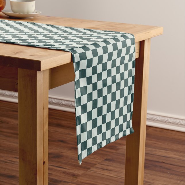 Forest green moss checkerboard pattern short table runner (In Situ)