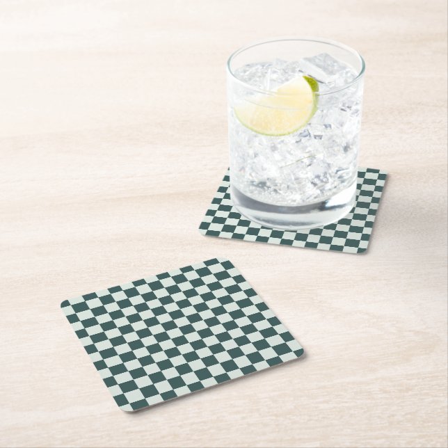 Forest green moss checkerboard pattern square paper coaster (Insitu)