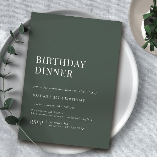 Forest Green Moss  Modern Minimal Birthday Dinner Invitation