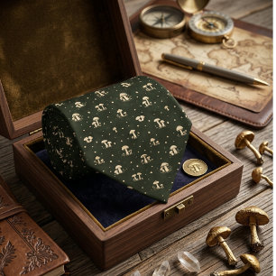 Forest Green Mushroom Subtle Gold Fungi Motif Neck Tie