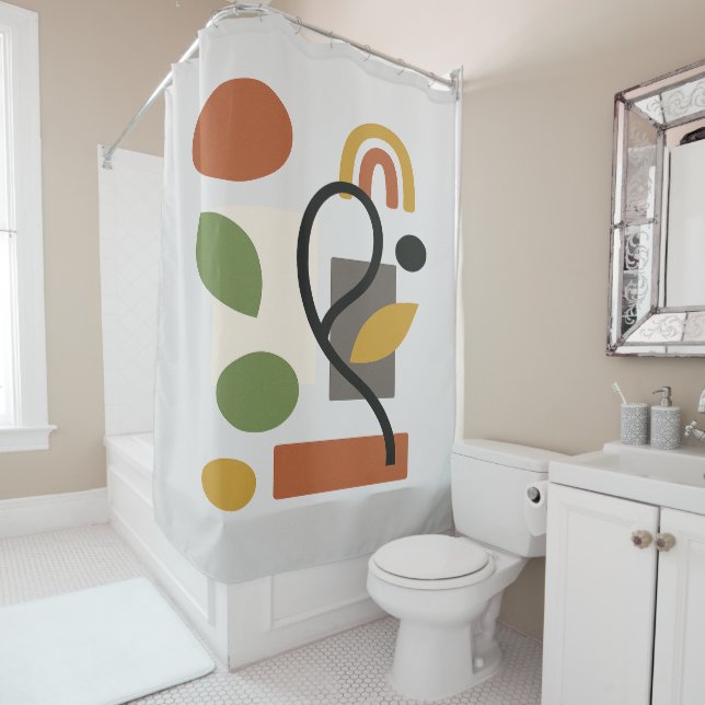 Forest Green & Mustard Yellow Botanical Geometry Shower Curtain (In Situ)