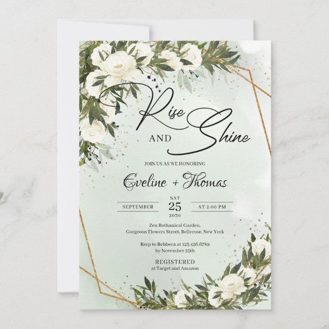 Forest green olive foliage gold rise and shine invitation (Front)