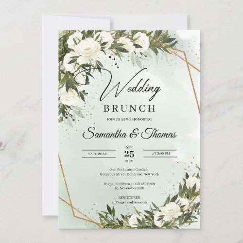 Forest green olive foliage gold wedding brunch invitation