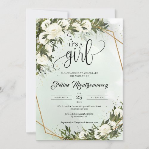 Forest Green Olive foliage White Roses Its a girl Invitation