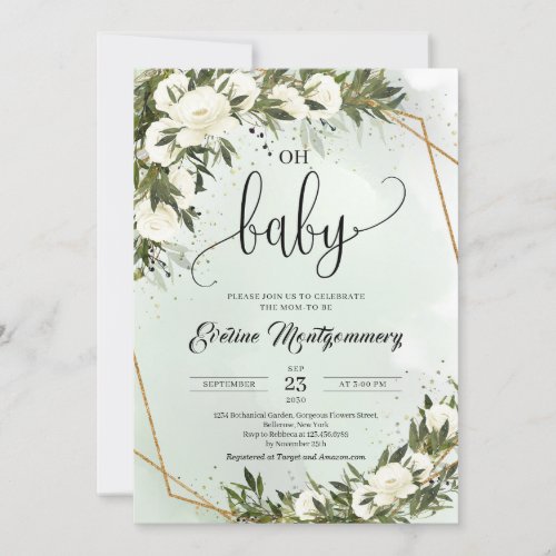 Forest Green Olive foliage White Roses Oh Baby Invitation