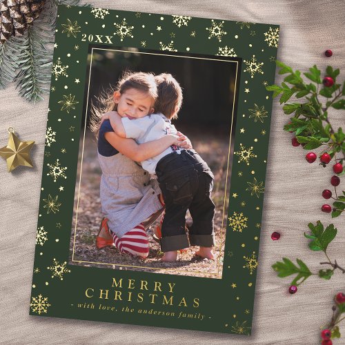 Forest Green Olive Formal Christmas Portrait Photo Foil Holiday Card