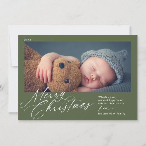 Forest Green Olive  Merry Christmas Script Photo Holiday Card