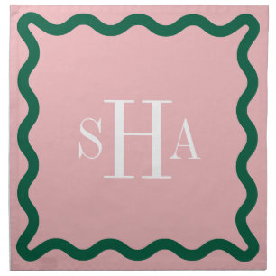 Forest Green on Pink Three Letter Monogram Wavy Cloth Napkin