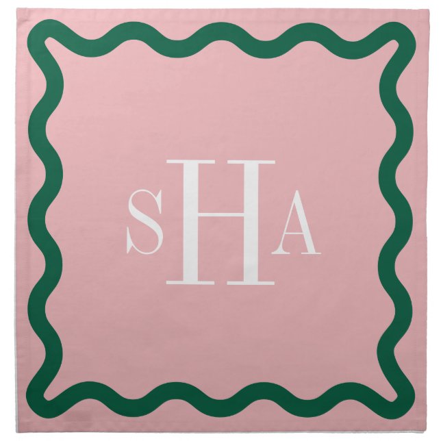 Forest Green on Pink Three Letter Monogram Wavy Cloth Napkin (Front)