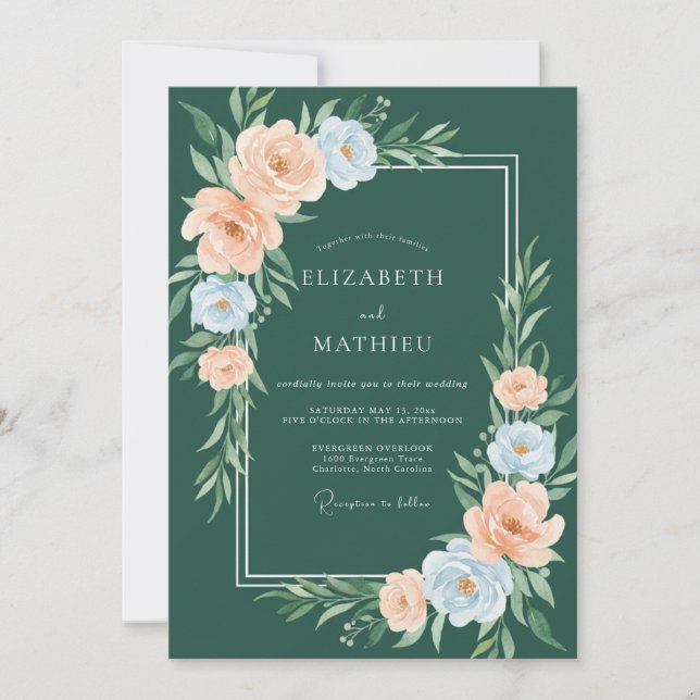 Forest Green Pastel Floral Wedding Invitation (Front)