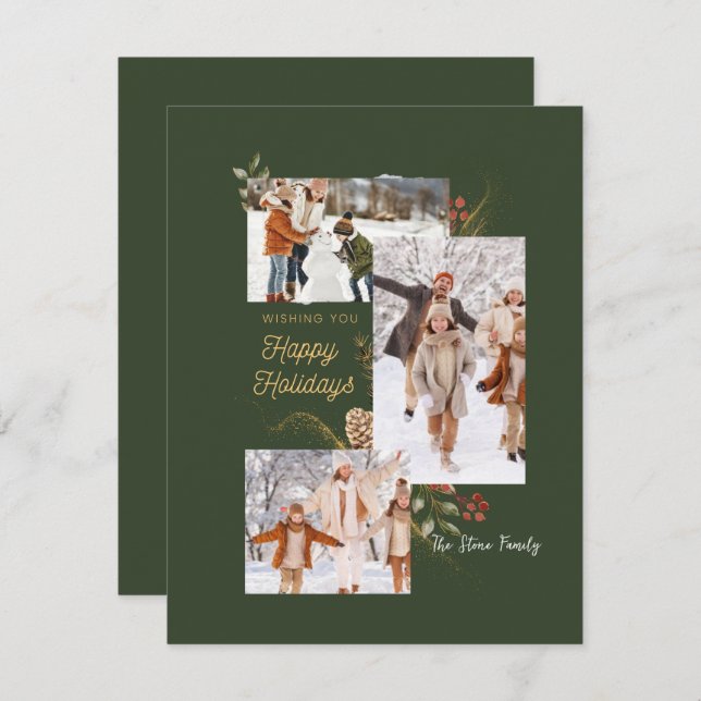 Forest Green Photo Collage Christmas Holiday Card (Front/Back)