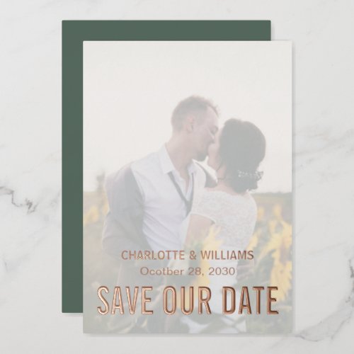 Forest Green Photo Overlay Save The Date Rose Gold Foil Invitation