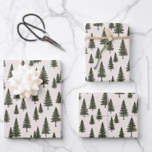 Forest Green Pine Tree Woodland Pattern Wrapping Paper Sheets