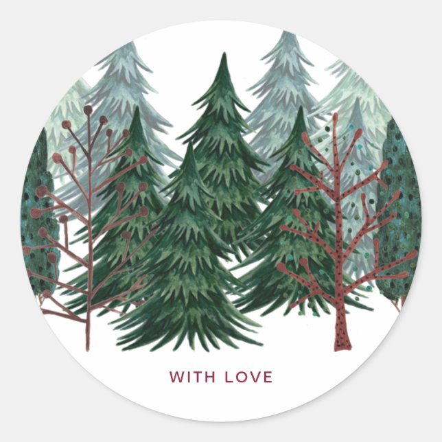 Forest green | Pine Trees Christmas Holiday Classic Round Sticker (Front)