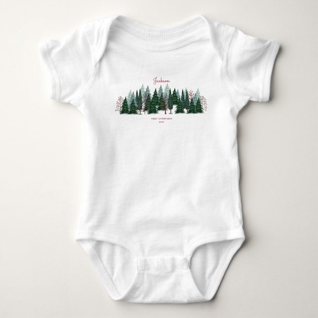 Forest green pine trees nature Christmas Holiday  Baby Bodysuit (Front)