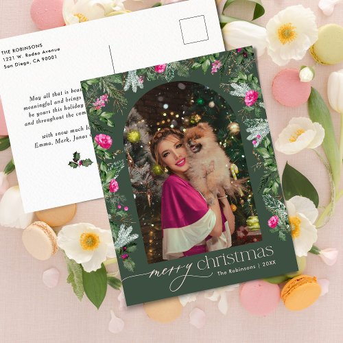 Forest Green Pink Botanical Arch 1 Photo Christmas Postcard