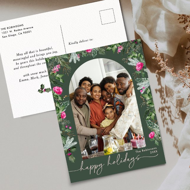 Forest Green Pink Botanical Arch 1 Photo Holiday Postcard (Creator Uploaded)