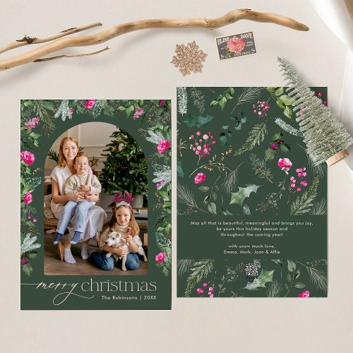Forest Green Pink Botanical Foliage Arch 1 Photo Holiday Card