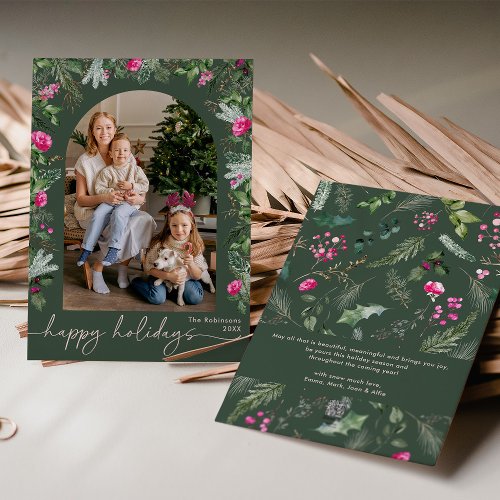 Forest Green Pink Botanical Foliage Arch Photo Holiday Card