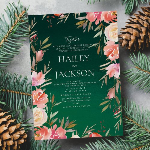 Forest green pink ivory Christmas floral Wedding Invitation