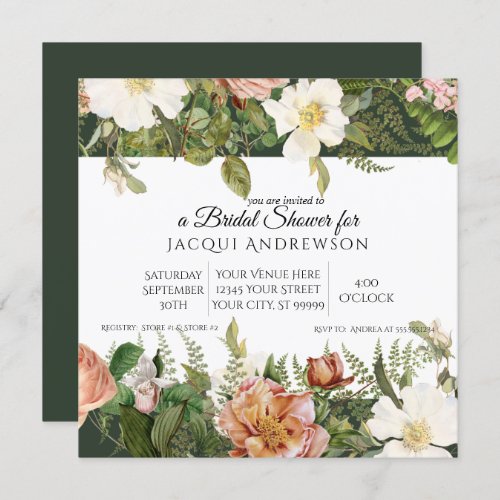 Forest Green Pink Ivory Roses Floral Bridal Shower Invitation