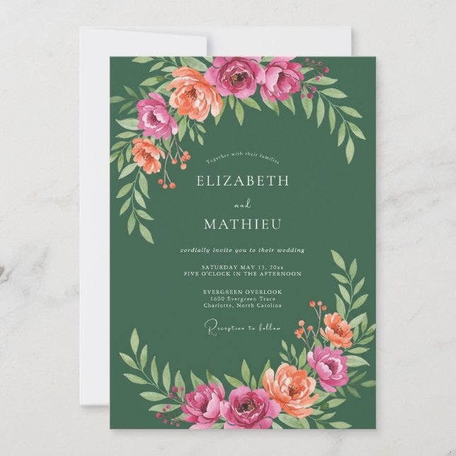 Forest Green Pink Peach Botanical Wedding Invitation (Front)