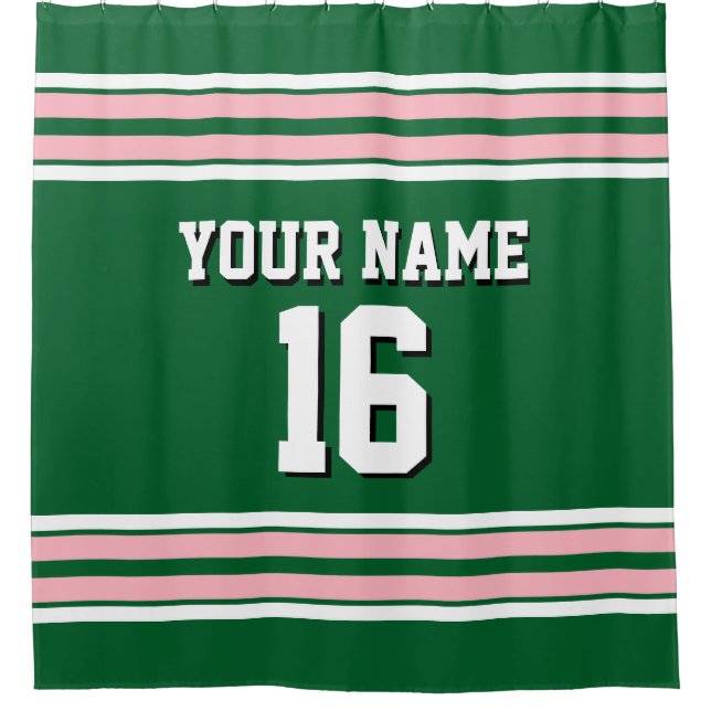 Forest Green Pink White Stripes Sports Jersey Shower Curtain (Front)