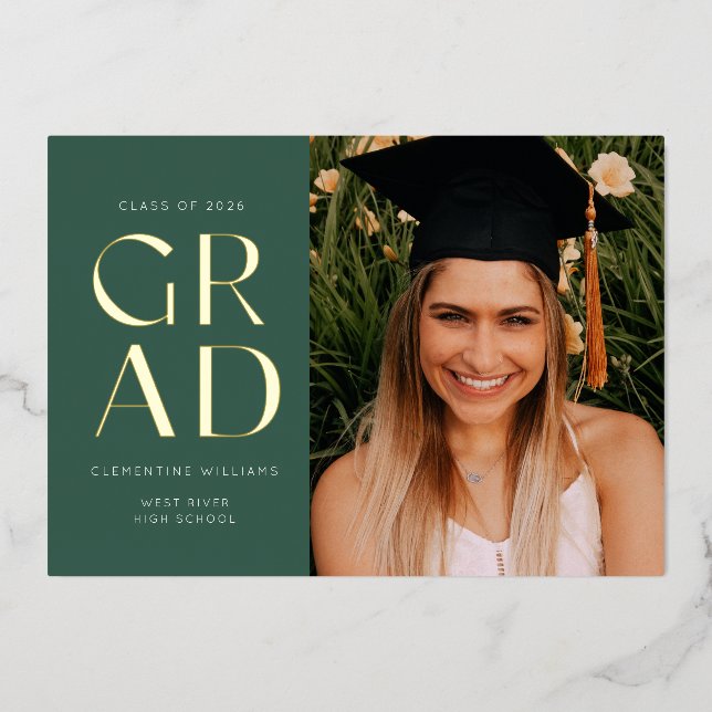Forest Green Pressed Foil Grad Block Graduation Foil Invitation (Front)