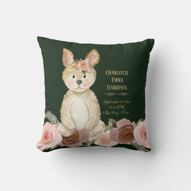 Forest Green Rabbit Blush Floral Baby Birth Stats Throw Pillow (Front)