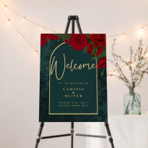 Forest Green RED Roses Winter Wedding WELCOME SIGN