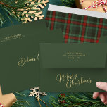 Forest green red tartan plaid Merry Christmas  Envelope<br><div class="desc">Elegant Merry Christmas gold script forest pine green envelope with plaid tartan liner and personalized return address.</div>