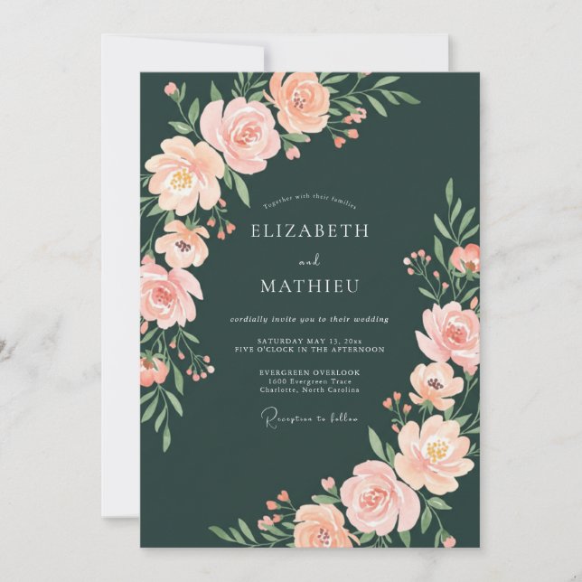 Forest Green Romantic Peach Floral Wedding Invitation (Front)
