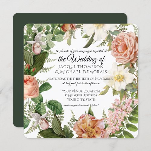 Forest Green Rose Vintage Botanical Floral Wedding Invitation